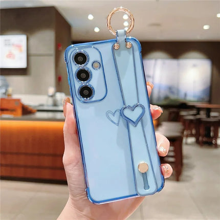 For Samsung Galaxy A55 5G Case Electroplated Heart Pattern TPU Phone Back Cover with Wristband Kickstand - Blue