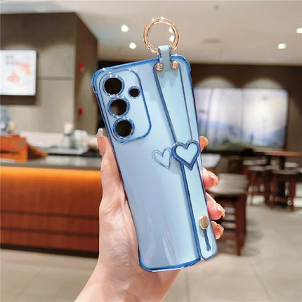 For Samsung Galaxy A55 5G Case Electroplated Heart Pattern TPU Phone Back Cover with Wristband Kickstand