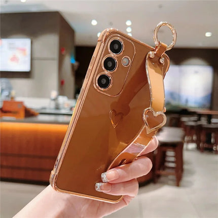 For Samsung Galaxy A55 5G Case Electroplated Heart Pattern TPU Phone Back Cover with Wristband Kickstand