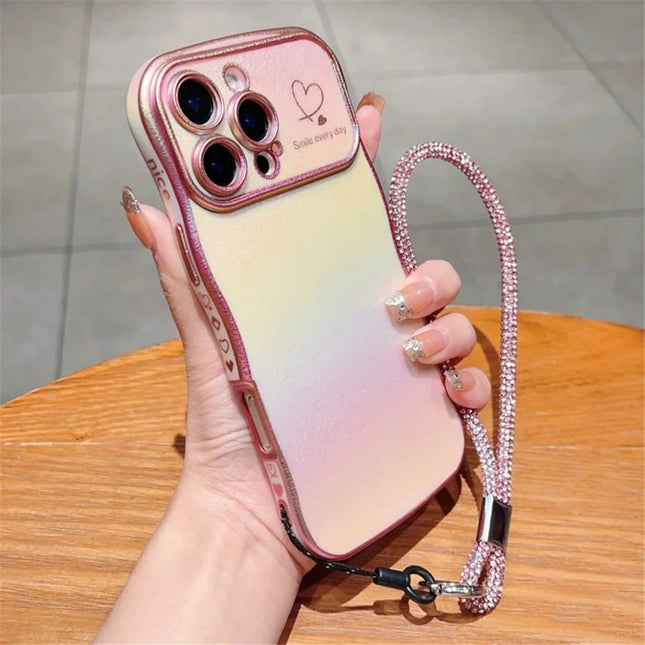 For iPhone 16 Pro Max Case with Strap TPU Phone Back Cover Dazzling Design Curly Shape Love Heart - Colorful Pink