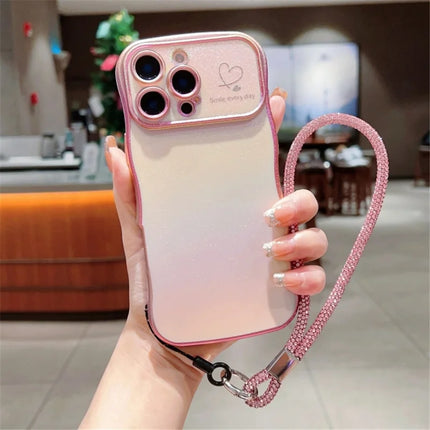 For iPhone 16 Pro Max Case with Strap TPU Phone Back Cover Dazzling Design Curly Shape Love Heart