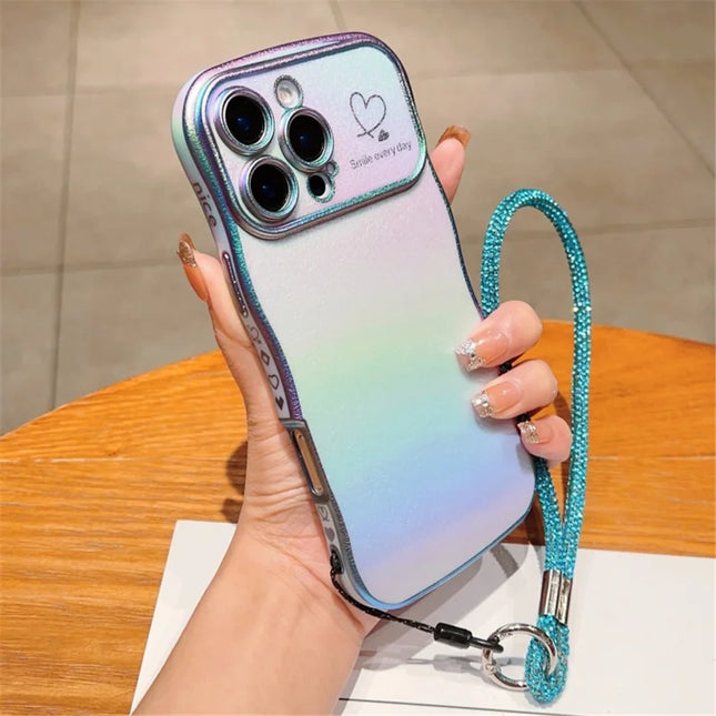 For iPhone 16 Pro Max Case with Strap TPU Phone Back Cover Dazzling Design Curly Shape Love Heart - Colorful Blue