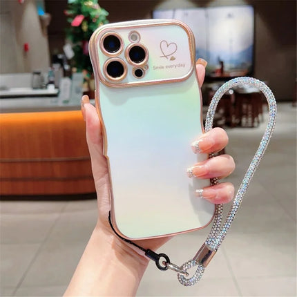 For iPhone 16 Pro Max Case with Strap TPU Phone Back Cover Dazzling Design Curly Shape Love Heart
