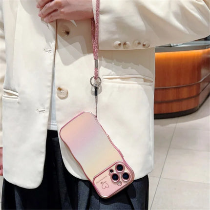 For iPhone 16 Pro Case with Strap TPU Phone Back Cover Dazzling Design Curly Shape Love Heart