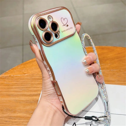 For iPhone 16 Pro Case with Strap TPU Phone Back Cover Dazzling Design Curly Shape Love Heart - Colorful Green