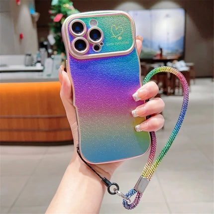For iPhone 16 Pro Case with Strap TPU Phone Back Cover Dazzling Design Curly Shape Love Heart