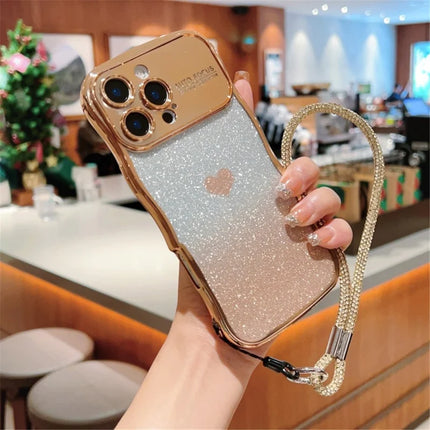 For iPhone 16 Pro Case with Strap Electroplating TPU Phone Cover Love Heart Gradient Glitter
