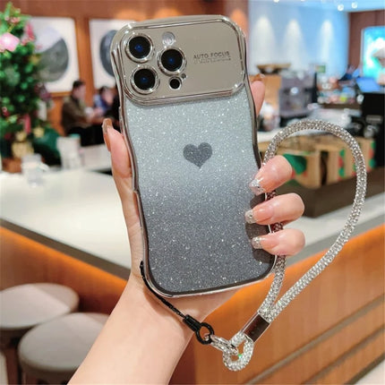 For iPhone 16 Pro Case with Strap Electroplating TPU Phone Cover Love Heart Gradient Glitter - Silver