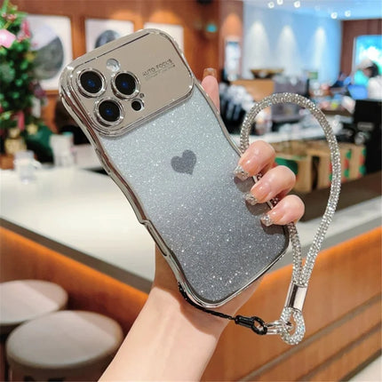 For iPhone 16 Pro Case with Strap Electroplating TPU Phone Cover Love Heart Gradient Glitter