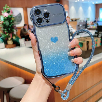 For iPhone 16 Pro Case with Strap Electroplating TPU Phone Cover Love Heart Gradient Glitter - Blue