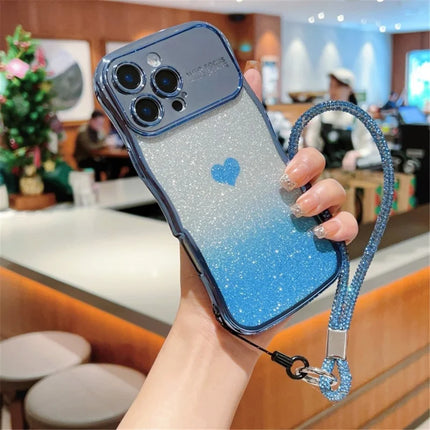 For iPhone 16 Pro Case with Strap Electroplating TPU Phone Cover Love Heart Gradient Glitter