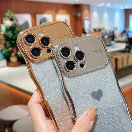 For iPhone 16 Pro Case with Strap Electroplating TPU Phone Cover Love Heart Gradient Glitter