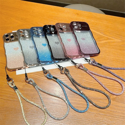 For iPhone 16 Pro Case with Strap Electroplating TPU Phone Cover Love Heart Gradient Glitter