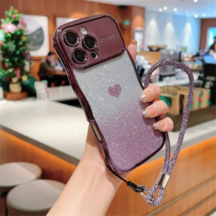 For iPhone 16 Pro Case with Strap Electroplating TPU Phone Cover Love Heart Gradient Glitter