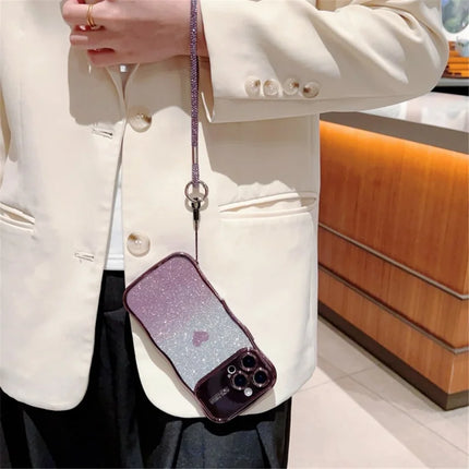 For iPhone 16 Pro Case with Strap Electroplating TPU Phone Cover Love Heart Gradient Glitter
