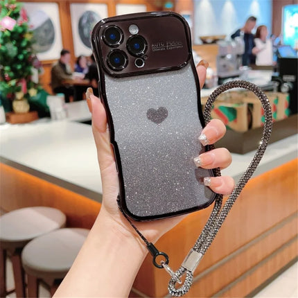 For iPhone 16 Pro Case with Strap Electroplating TPU Phone Cover Love Heart Gradient Glitter - Black