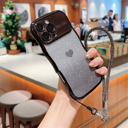 For iPhone 16 Pro Case with Strap Electroplating TPU Phone Cover Love Heart Gradient Glitter
