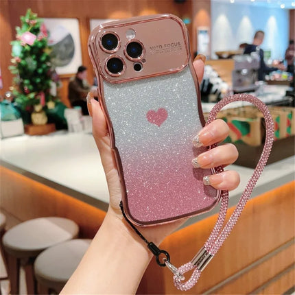 For iPhone 16 Pro Case with Strap Electroplating TPU Phone Cover Love Heart Gradient Glitter - Rose Pink