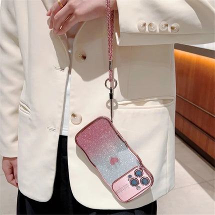 For iPhone 16 Pro Case with Strap Electroplating TPU Phone Cover Love Heart Gradient Glitter