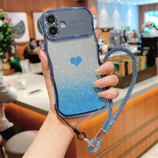 For iPhone 16 Plus Case with Strap Electroplating TPU Phone Cover Love Heart Gradient Glitter - Blue