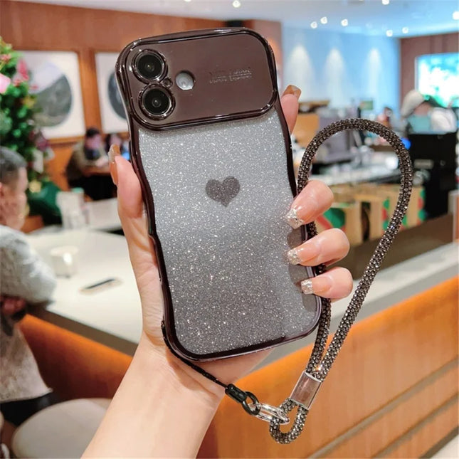 For iPhone 16 Plus Case with Strap Electroplating TPU Phone Cover Love Heart Gradient Glitter - Black