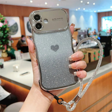 For iPhone 16 Plus Case with Strap Electroplating TPU Phone Cover Love Heart Gradient Glitter - Silver