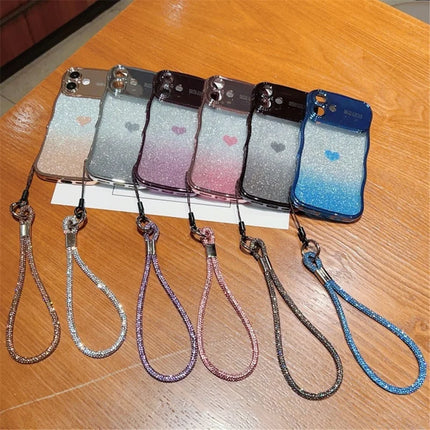 For iPhone 16 Plus Case with Strap Electroplating TPU Phone Cover Love Heart Gradient Glitter