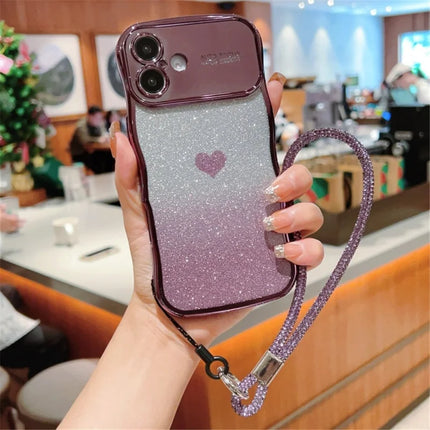 For iPhone 16 Plus Case with Strap Electroplating TPU Phone Cover Love Heart Gradient Glitter - Dark Purple
