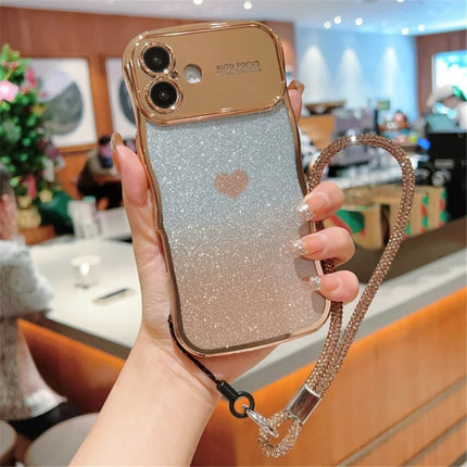 For iPhone 16 Plus Case with Strap Electroplating TPU Phone Cover Love Heart Gradient Glitter - Gold