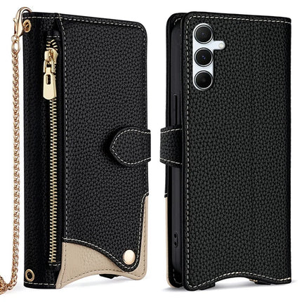 For Samsung Galaxy A36 5G Leather Case Wallet Stand Cover Irregular Tail Style with Chain Strap - Black