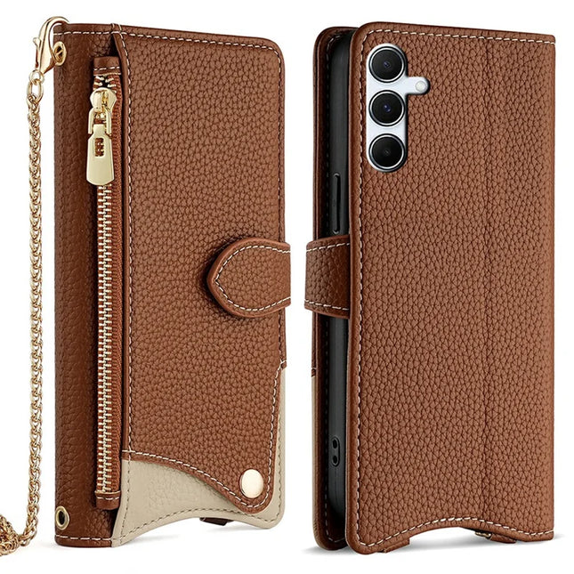 For Samsung Galaxy A36 5G Leather Case Wallet Stand Cover Irregular Tail Style with Chain Strap - Brown