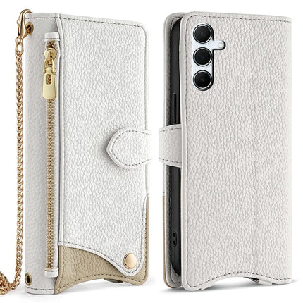For Samsung Galaxy A36 5G Leather Case Wallet Stand Cover Irregular Tail Style with Chain Strap - White