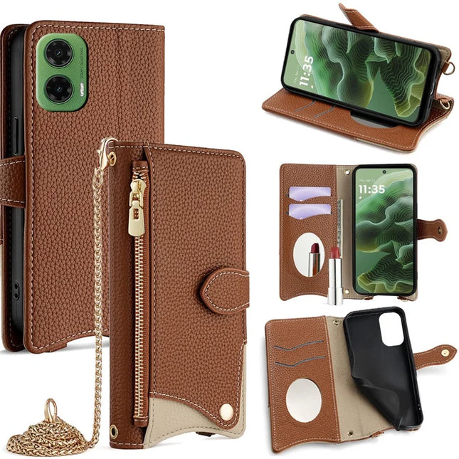 For Motorola Moto G35 5G Leather Case Wallet Stand Cover Irregular Tail Style with Chain Strap - Brown