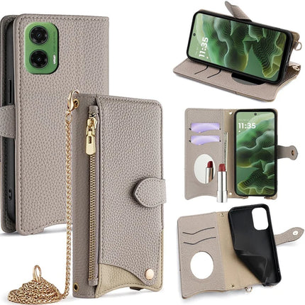 For Motorola Moto G35 5G Leather Case Wallet Stand Cover Irregular Tail Style with Chain Strap - Grey