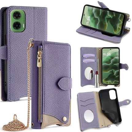 For Motorola Moto G35 5G Leather Case Wallet Stand Cover Irregular Tail Style with Chain Strap - Purple