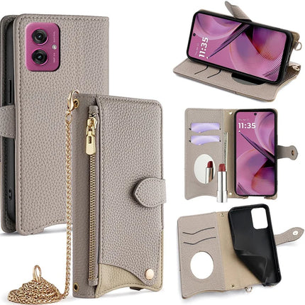 For Motorola Moto G55 5G Leather Case Wallet Stand Cover Irregular Tail Style with Chain Strap - Grey