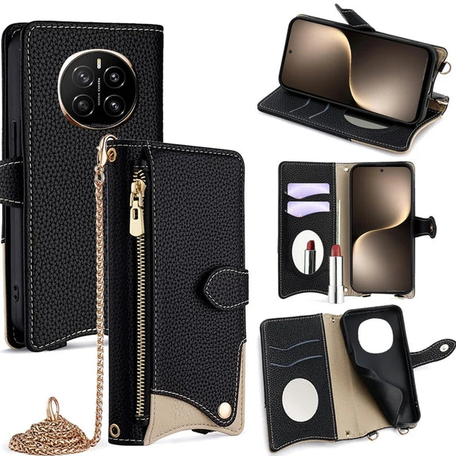 For Honor Magic7 5G Leather Case Wallet Stand Cover Irregular Tail Style with Chain Strap - Black