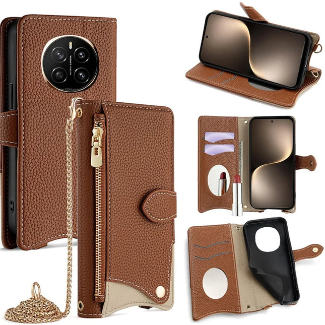 For Honor Magic7 5G Leather Case Wallet Stand Cover Irregular Tail Style with Chain Strap - Brown