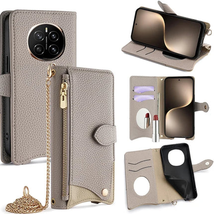 For Honor Magic7 5G Leather Case Wallet Stand Cover Irregular Tail Style with Chain Strap - Grey