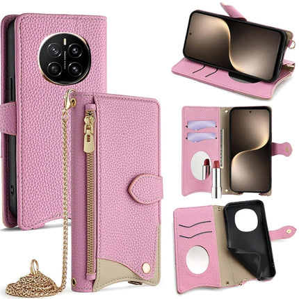 For Honor Magic7 5G Leather Case Wallet Stand Cover Irregular Tail Style with Chain Strap - Pink