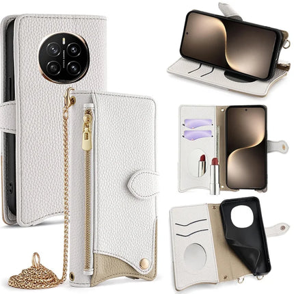 For Honor Magic7 5G Leather Case Wallet Stand Cover Irregular Tail Style with Chain Strap - White