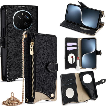 For Honor Magic7 Pro 5G Leather Case Wallet Stand Cover Irregular Tail Style with Chain Strap - Black