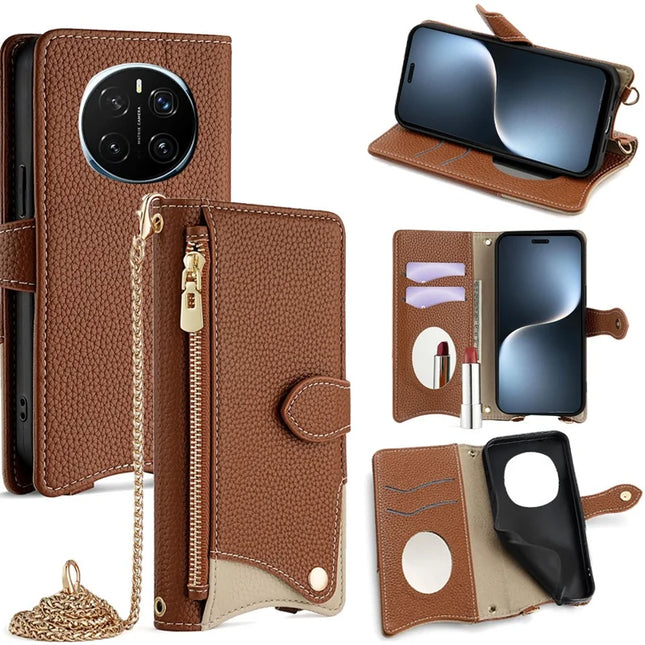 For Honor Magic7 Pro 5G Leather Case Wallet Stand Cover Irregular Tail Style with Chain Strap - Brown