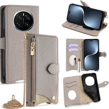 For Honor Magic7 Pro 5G Leather Case Wallet Stand Cover Irregular Tail Style with Chain Strap - Grey