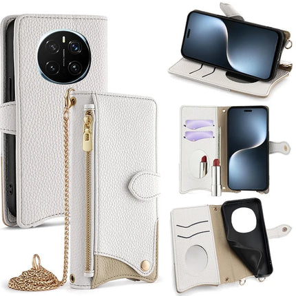 For Honor Magic7 Pro 5G Leather Case Wallet Stand Cover Irregular Tail Style with Chain Strap - White
