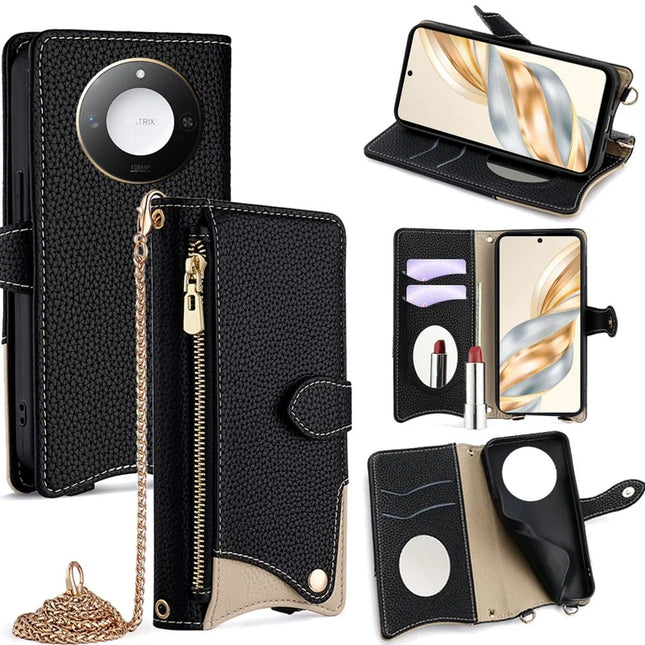 For Honor X60 5G Leather Case Wallet Stand Cover Irregular Tail Style with Chain Strap - Black
