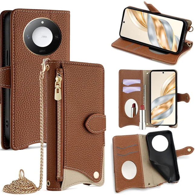For Honor X60 5G Leather Case Wallet Stand Cover Irregular Tail Style with Chain Strap - Brown