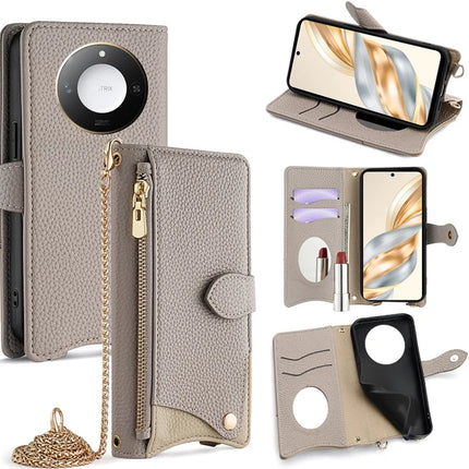 For Honor X60 5G Leather Case Wallet Stand Cover Irregular Tail Style with Chain Strap - Grey