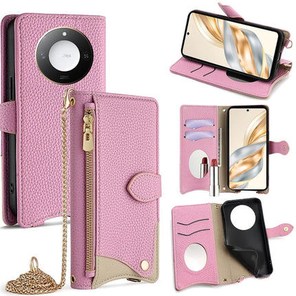 For Honor X60 5G Leather Case Wallet Stand Cover Irregular Tail Style with Chain Strap - Pink