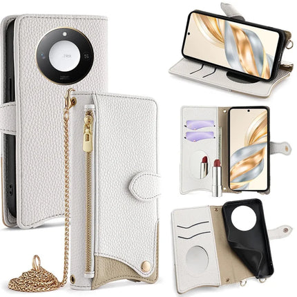 For Honor X60 5G Leather Case Wallet Stand Cover Irregular Tail Style with Chain Strap - White